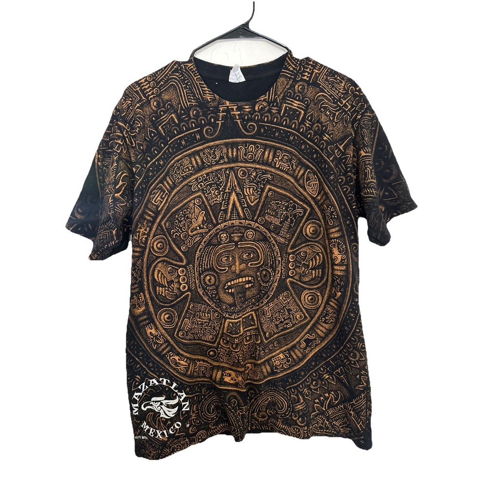 Vintage Y2K‎ Mazatlan Mexico Mayan Calender Mens Large All Over Graphic T-Shirt